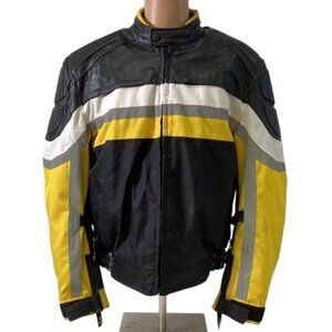 Mens Black & Yellow Motorcycle Jacket Reflective Padded Zip-Out Lining Size XL